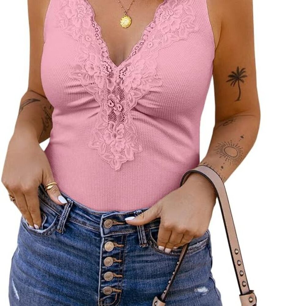 Womens Lace V Neck Tank Top Slim Fit Summer Camisole Lightweight - Picture 2 of 8